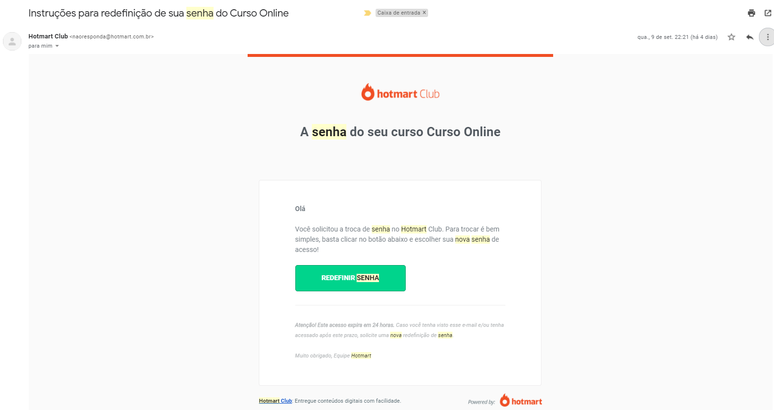 Redefinição de senha do Curso da Hotmart
